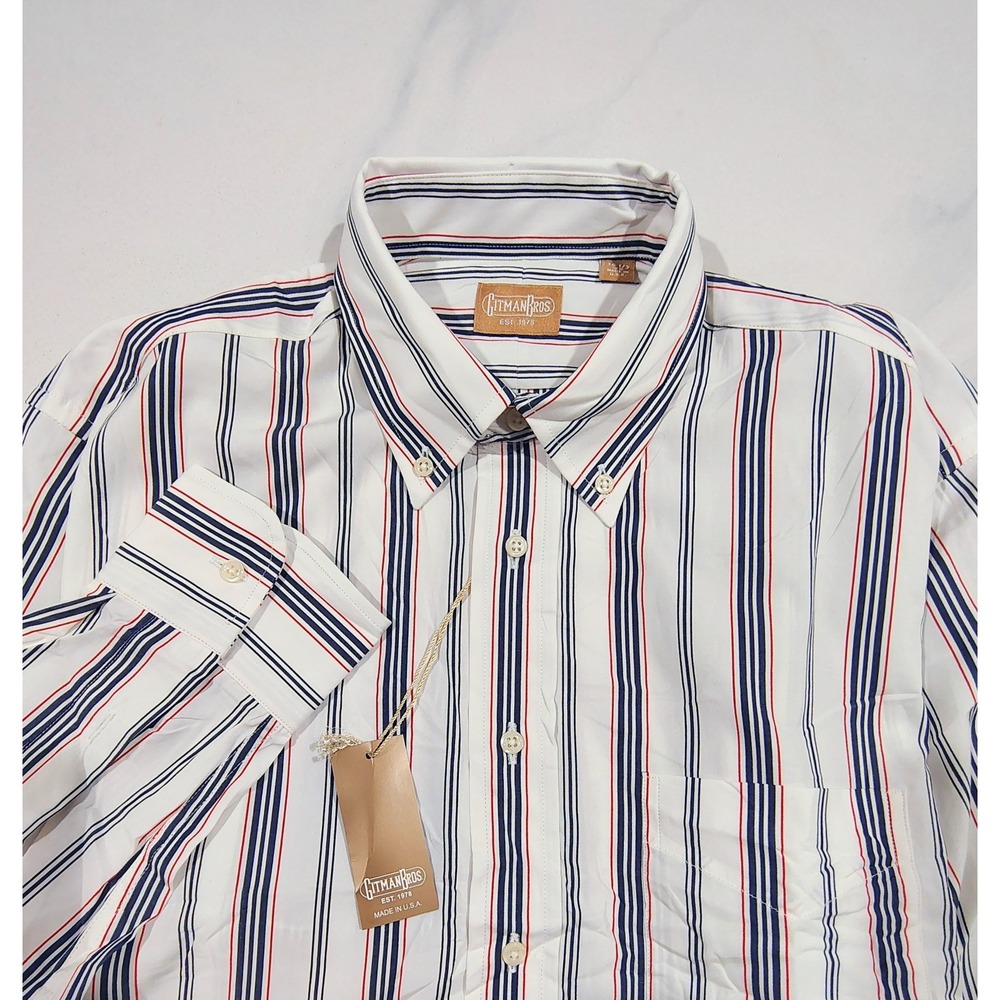 Gitman Bros Button Down Shirt Stripe White Navy Long Sleeve 16.5 36 NWT USA Made